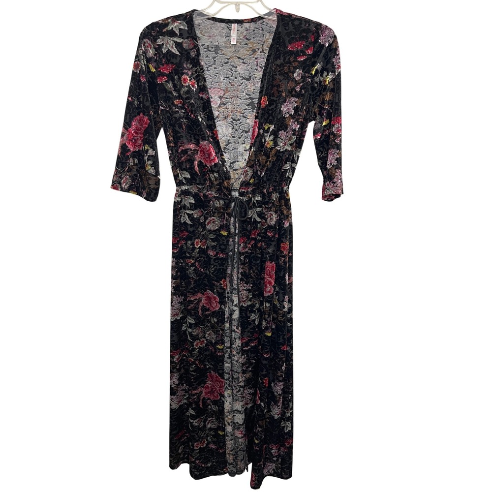 Black Floral Velvet Burnout Duster Kimono Robe XS Dark Romantic Whimsigoth Boho